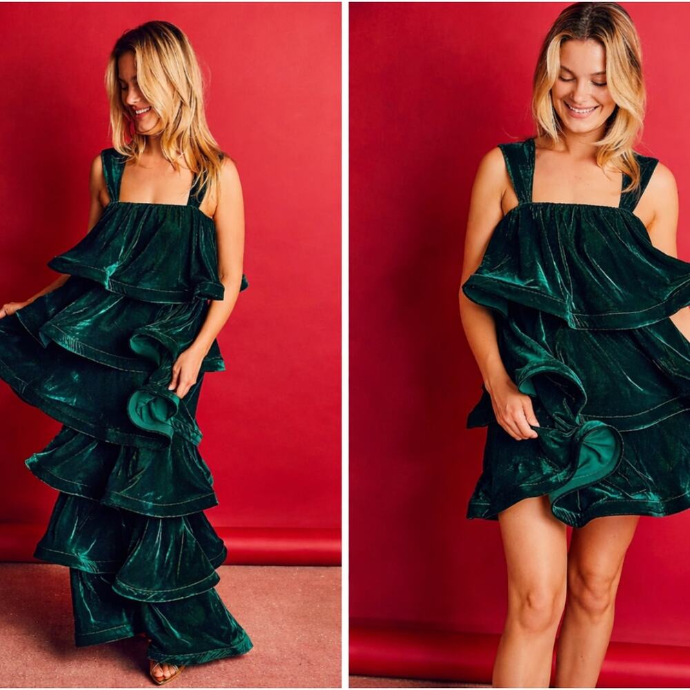 BURU Teagan Velvet Dress Dark Green Convertible Maxi Mini Party Formal L/XL NWT